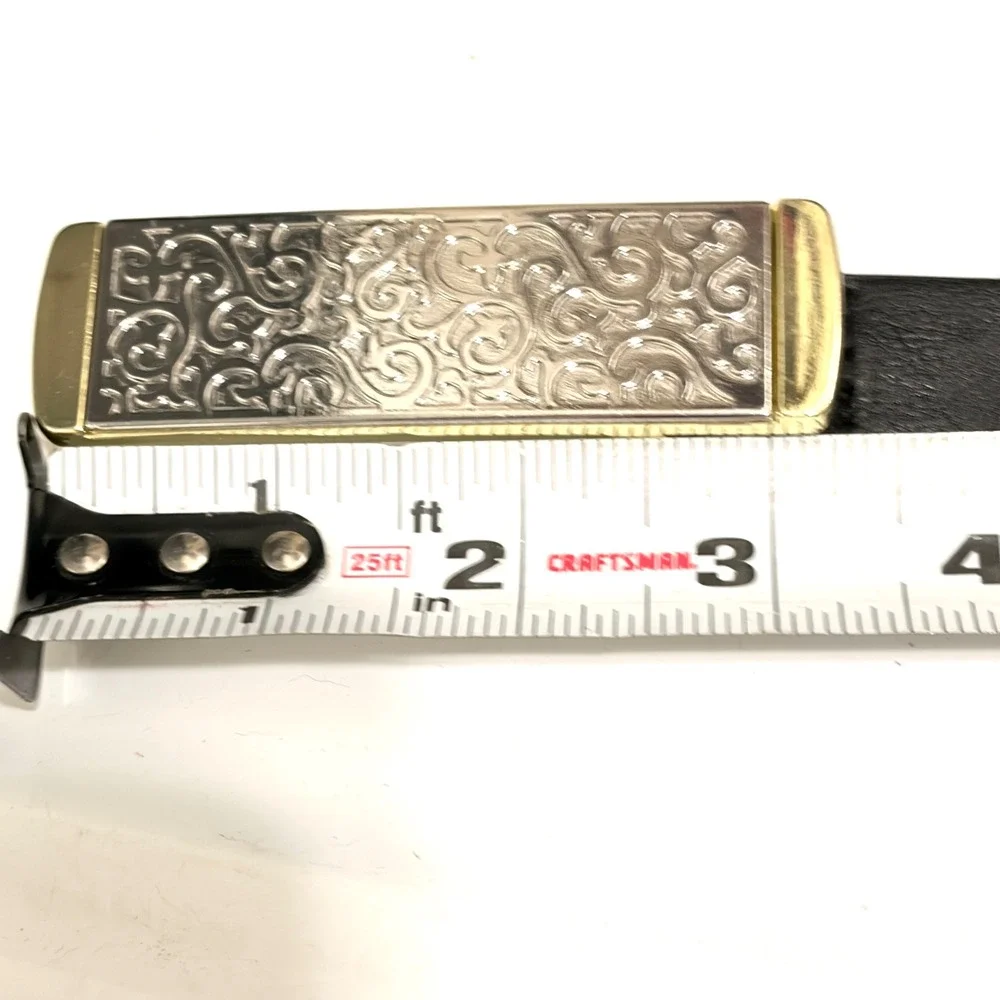 Black Skinny Belt Mixed Metal Silver Gold Filigree Plaque Buckle Medium 32-38
